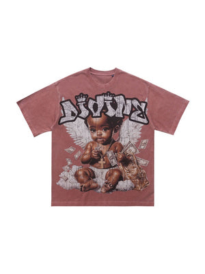 Washing Water Retro Angel Child Printed Loose-fit T-shirts