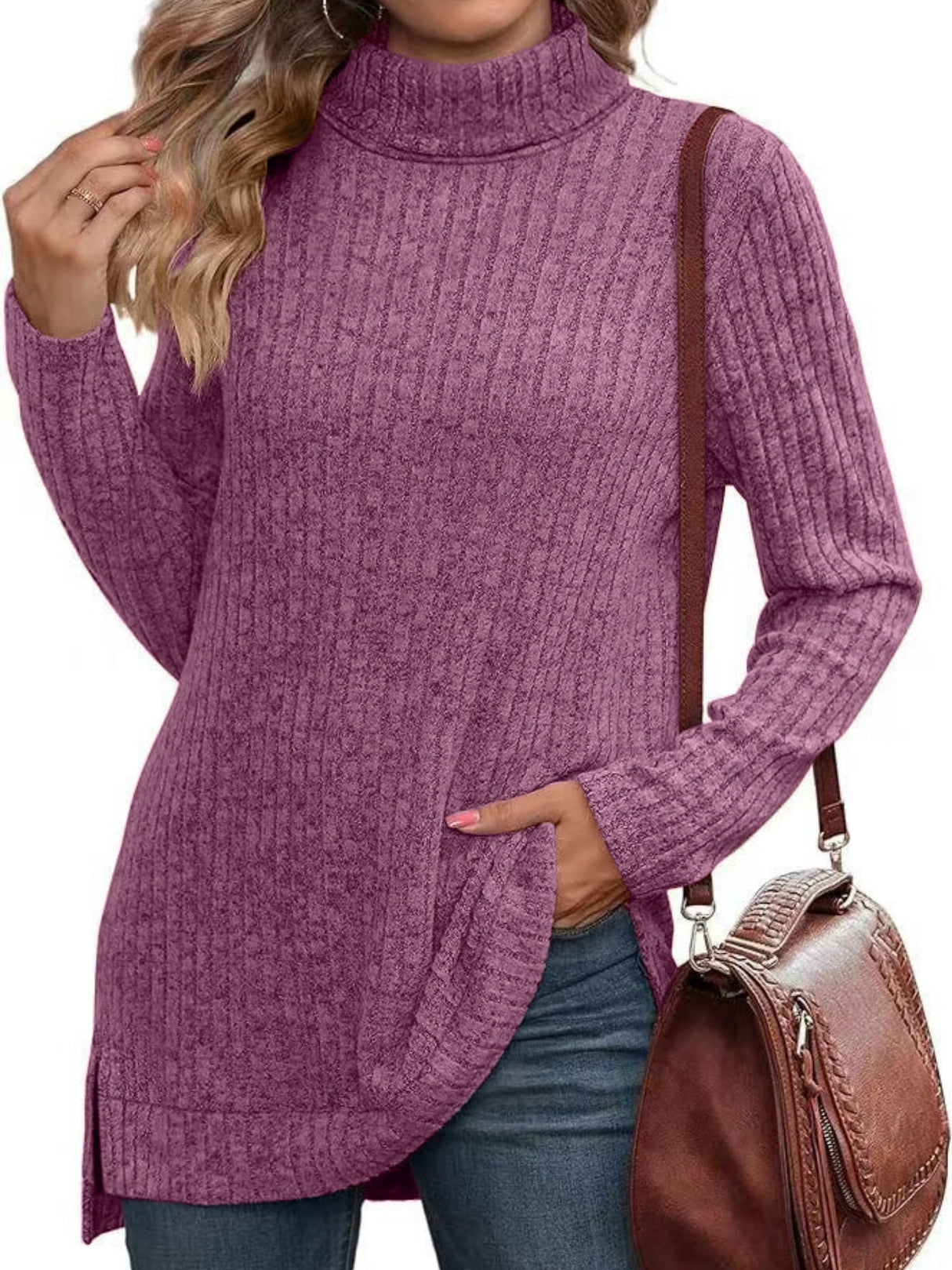 Threaded Groove Strip High Neck With Slits Long Sleeves T-shirts