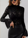 Sexy Lace Pullover Cashew Flowers Lace Slim Fit Slimming Outerwear Innerwear Bell-sleeved Mesh/sheer Top