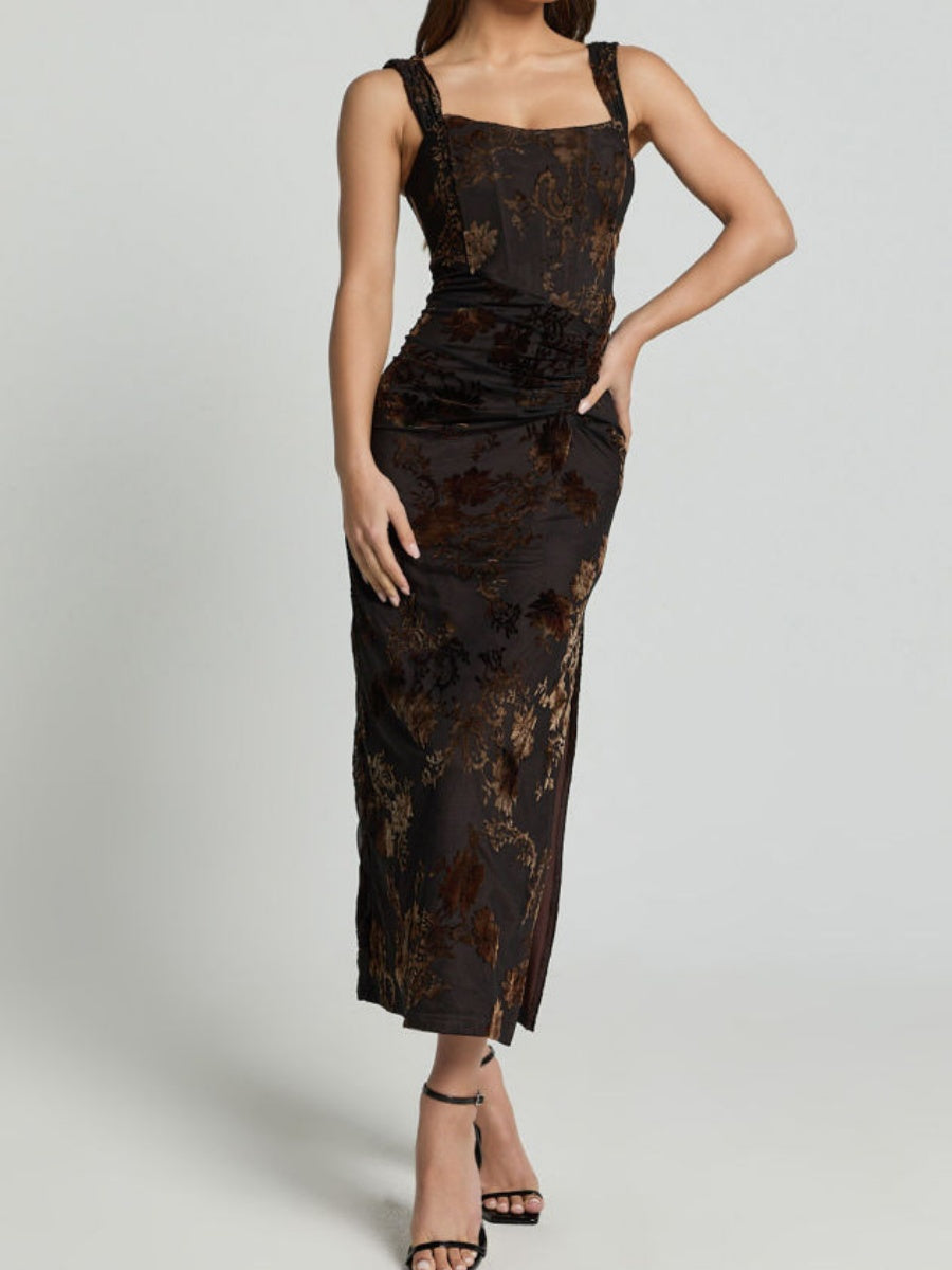 Square Neck Velvet Embossing Slim Fit Slit Parties Long Dress For A Cocktail Party