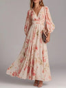 Zipper Floral Print V-neck Long Sleeve Maxi Dresses