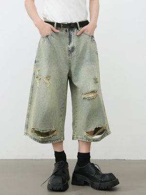 Retro Hole 7 Points Denim Shorts