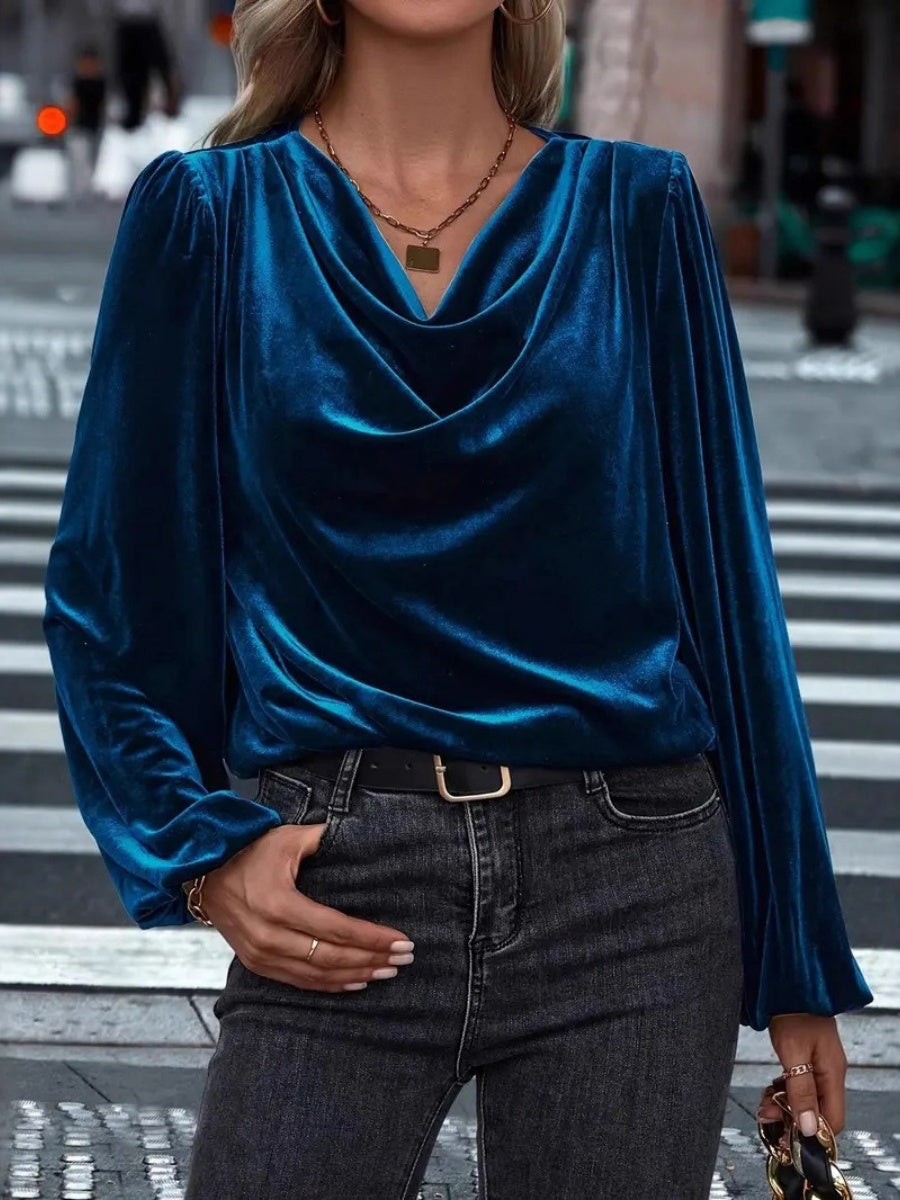 Pullover Collar Velvet Long Sleeve Pleated Grace Blouse