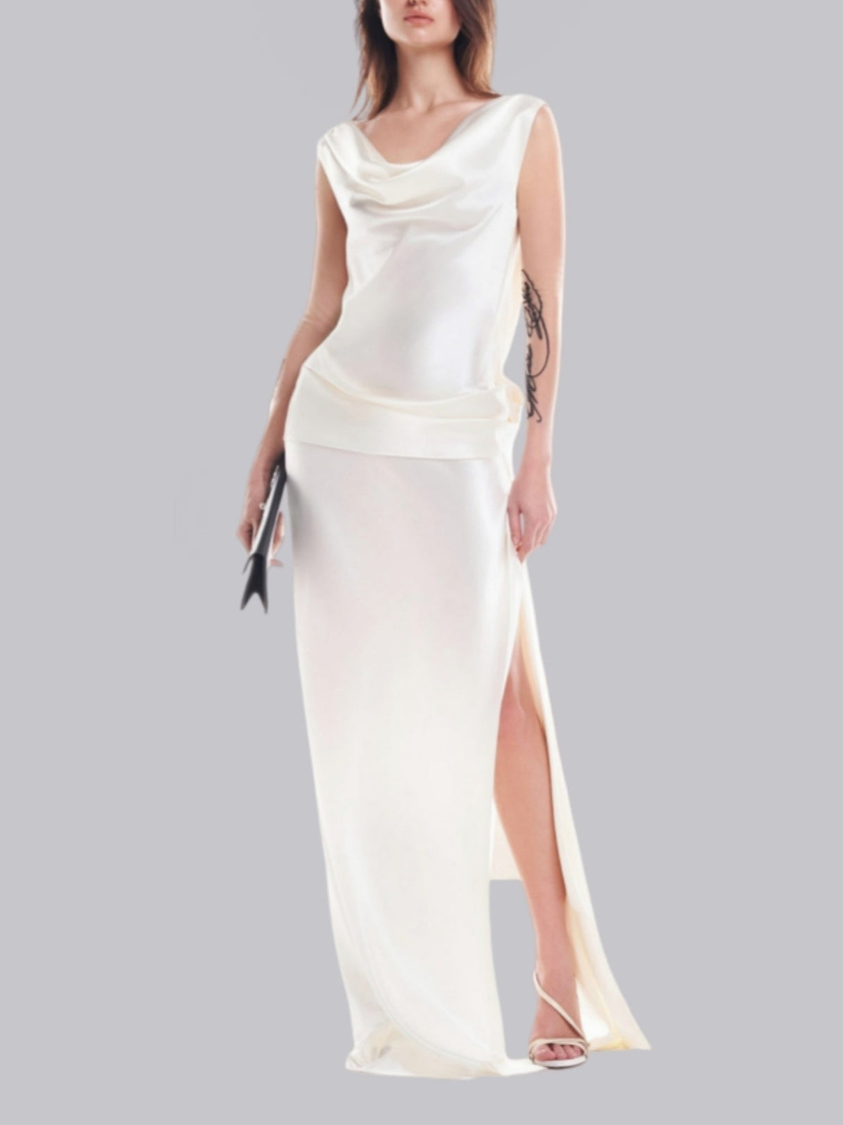 Satin Flowers Formal Dress Slit Maxi Dresses