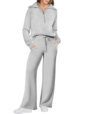 Women's Casual Sportswear Set: Zippered Long-Sleeved Sweatshirt And Wide-Leg Pants Two-Piece Set