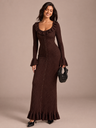 U-neck French Long-sleeved Simple Ruffled Knit Maxi Dress