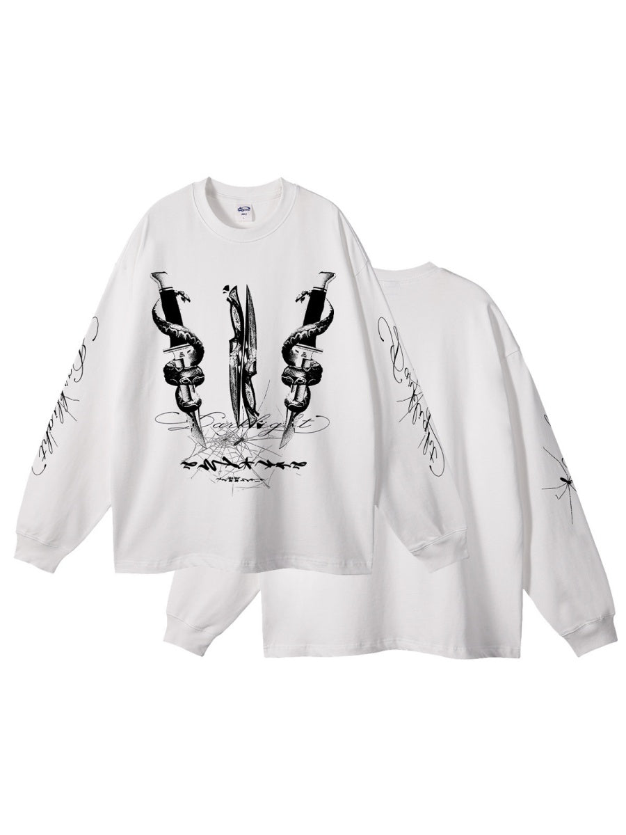 305G Dark Dagger Print Loose Long-sleeved T-shirt