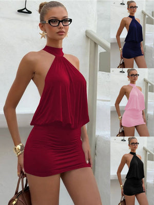 Neck Strap Exposed Backpack Buttocks Mini&Short Dresses