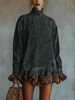 High-neck Long-sleeved Leopard Print Patchwork Short Dress