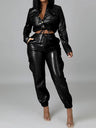 PU Leather Hair Removal Pants Long-sleeved Jacket 2-piece Sets
