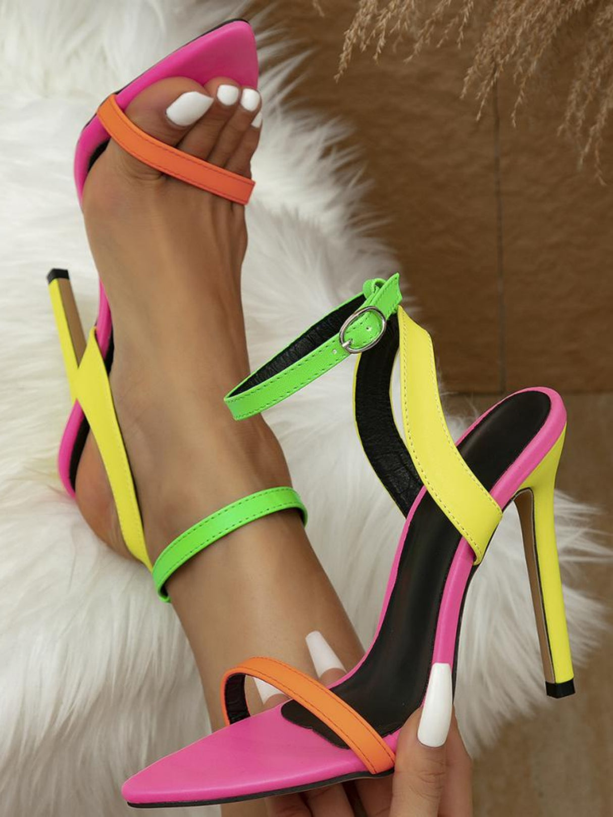 Colorful Color-blocked Pointed-toe Stiletto Sandals