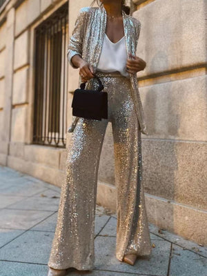 Sequined Suit And Wide-leg Trousers Two-piece Set