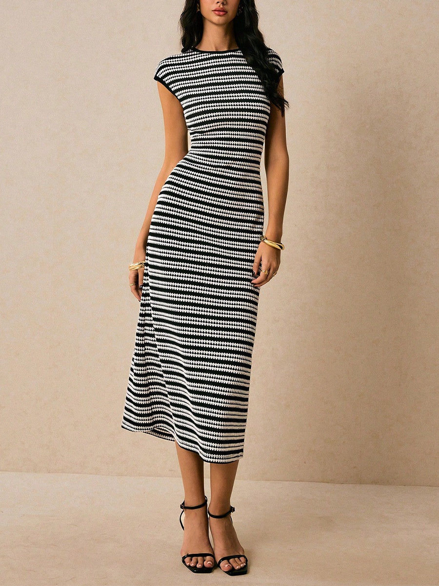 Stripes Knitting Sleeveless Slim Fit Midi Dresses