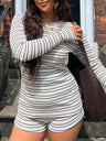 Stripes Stretch Crew Neck Long-sleeved Top And Shorts 2-piece Sets