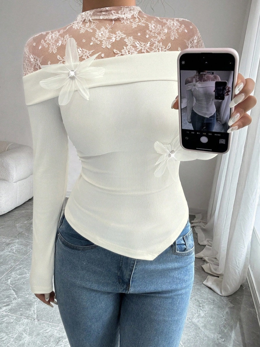 Pullover Lace Stand Collar Splicing T-shirts Pair With Corsage Elegant Mesh/sheer Top