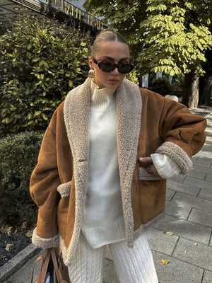 Lapel Pocket Button Wool Coat With Fur Trim, Long Sleeves, Autumn And Winter Coat