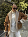 Lapel Pocket Button Wool Coat With Fur Trim, Long Sleeves, Autumn And Winter Coat