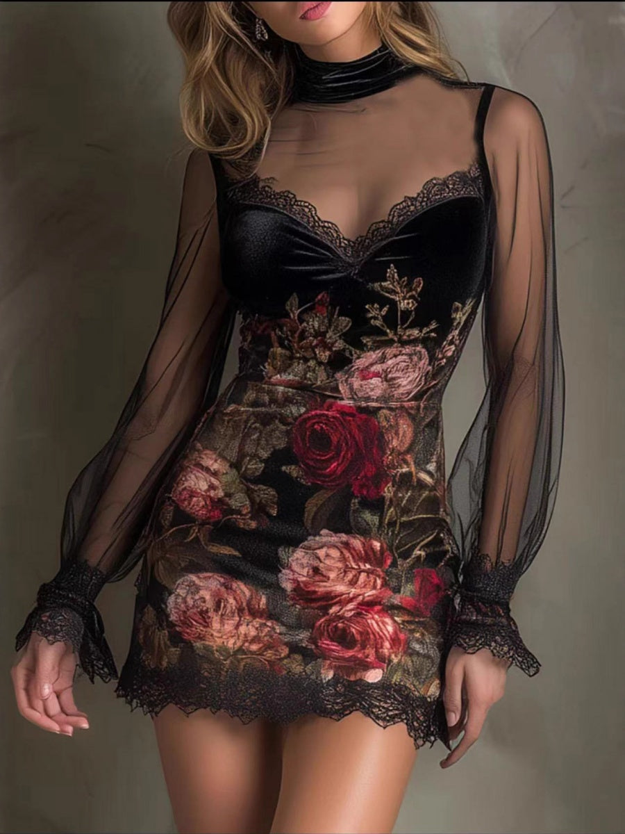 Lace Trim Floral Mesh Splicing Hip-hugging Mini&Short Dresses