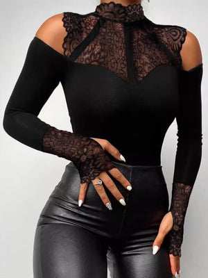 Lace Splicing Off-shoulder Long Sleeves Bodysuits