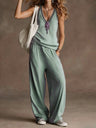 Two-piece Set With Visible Stitching: V-neck Sleeveless Wide-leg Pants And Vest