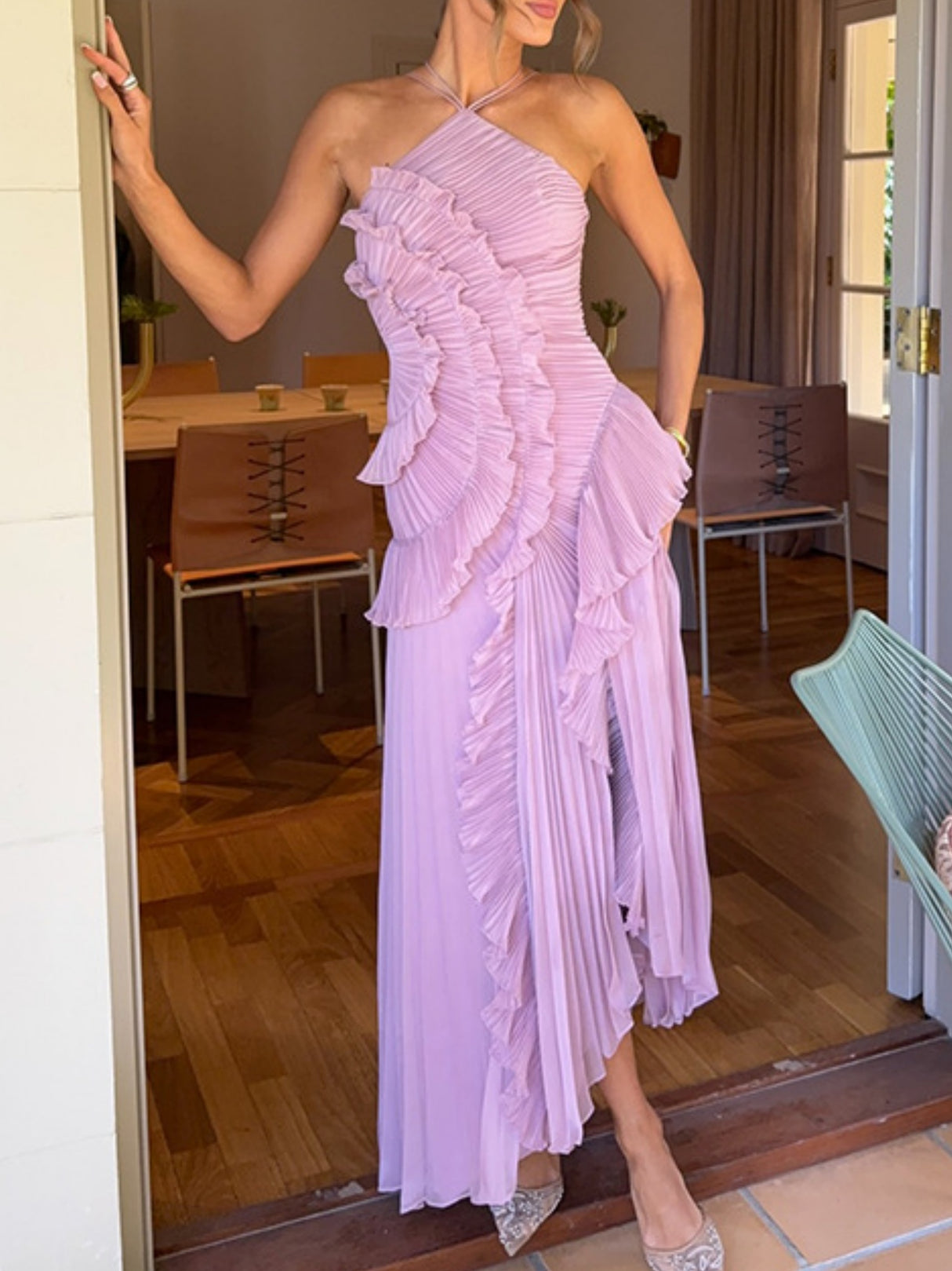 Ruffle Pleated Splicing Halter Neck Strap Maxi Dresses