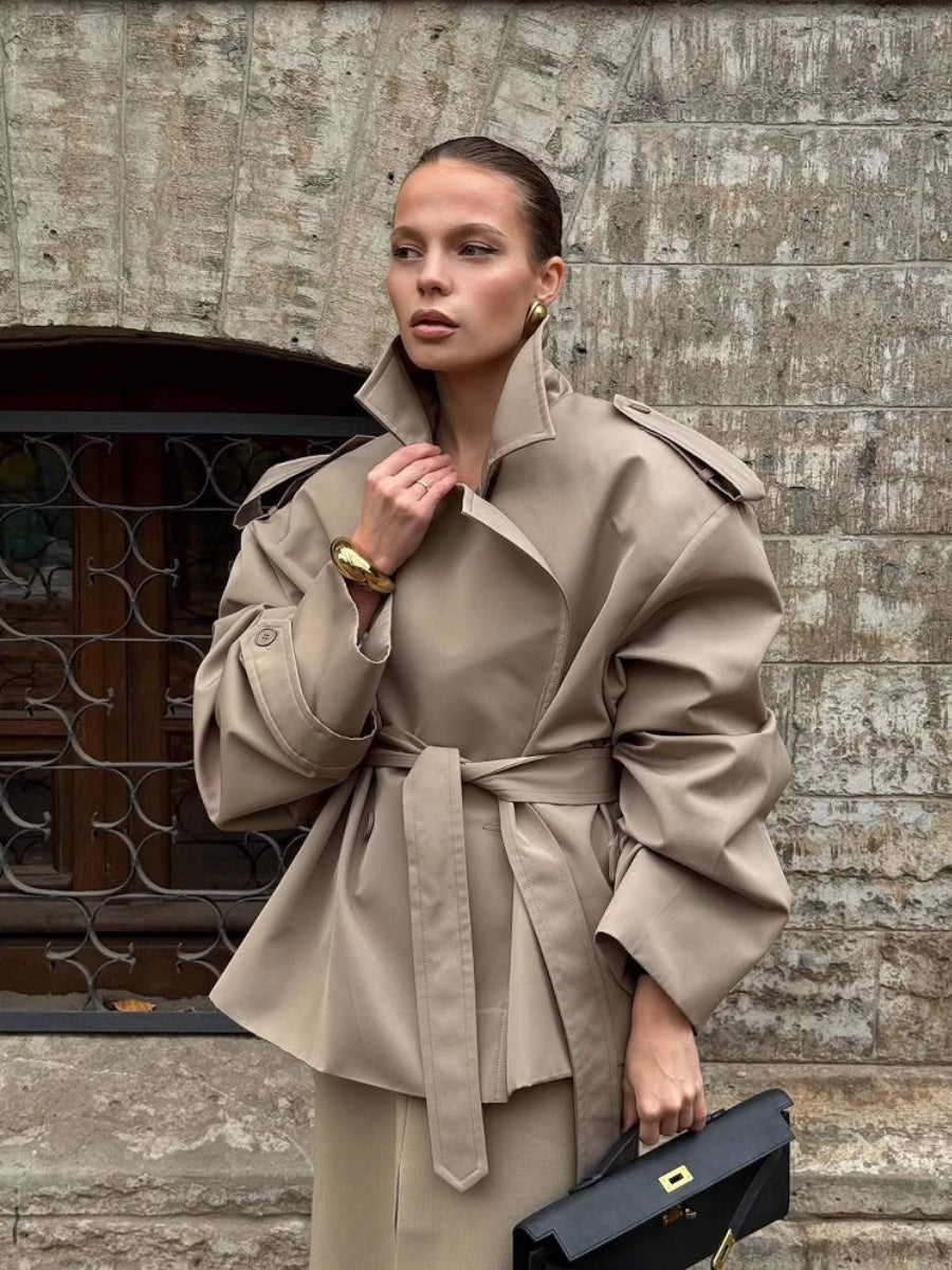 Khaki Lapel Long Sleeve Lace Up Short Trench Coats