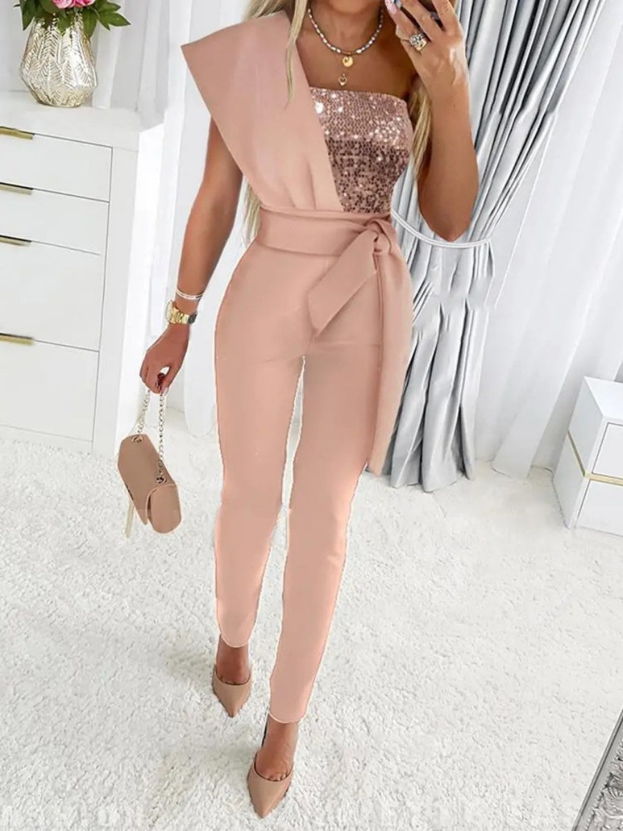 Sequined Jumpsuit With Off-shoulder Belt
