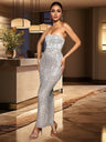 Strapless Rhinestone Hip-hugging Mesh Sequins Dinner Cocktail Maxi Dress