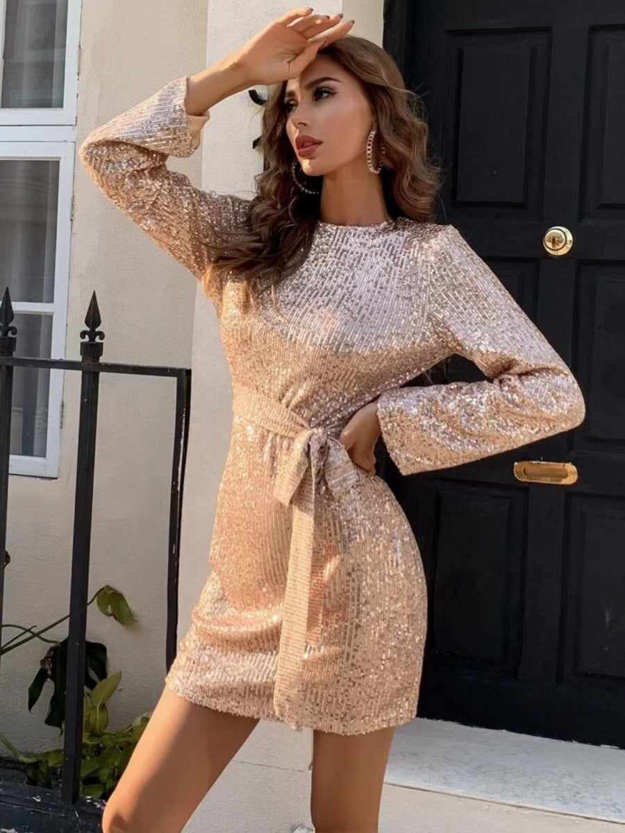 Tie-on Sequins Slim Fit Backless Long Sleeve Dinner Party Short Dress