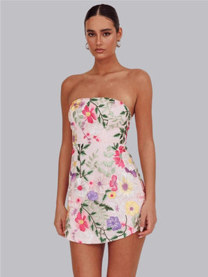 Bestickte 3D-Blumen, trägerlose Tops, Mini- und kurze Kleider für Partys