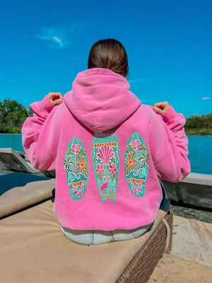 Printed Raglan Sleeves Thread Hawaii Hibiscus Hoodie