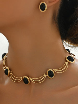 Vintage Gemstone Inlay Earrings Necklace Jewelry Sets