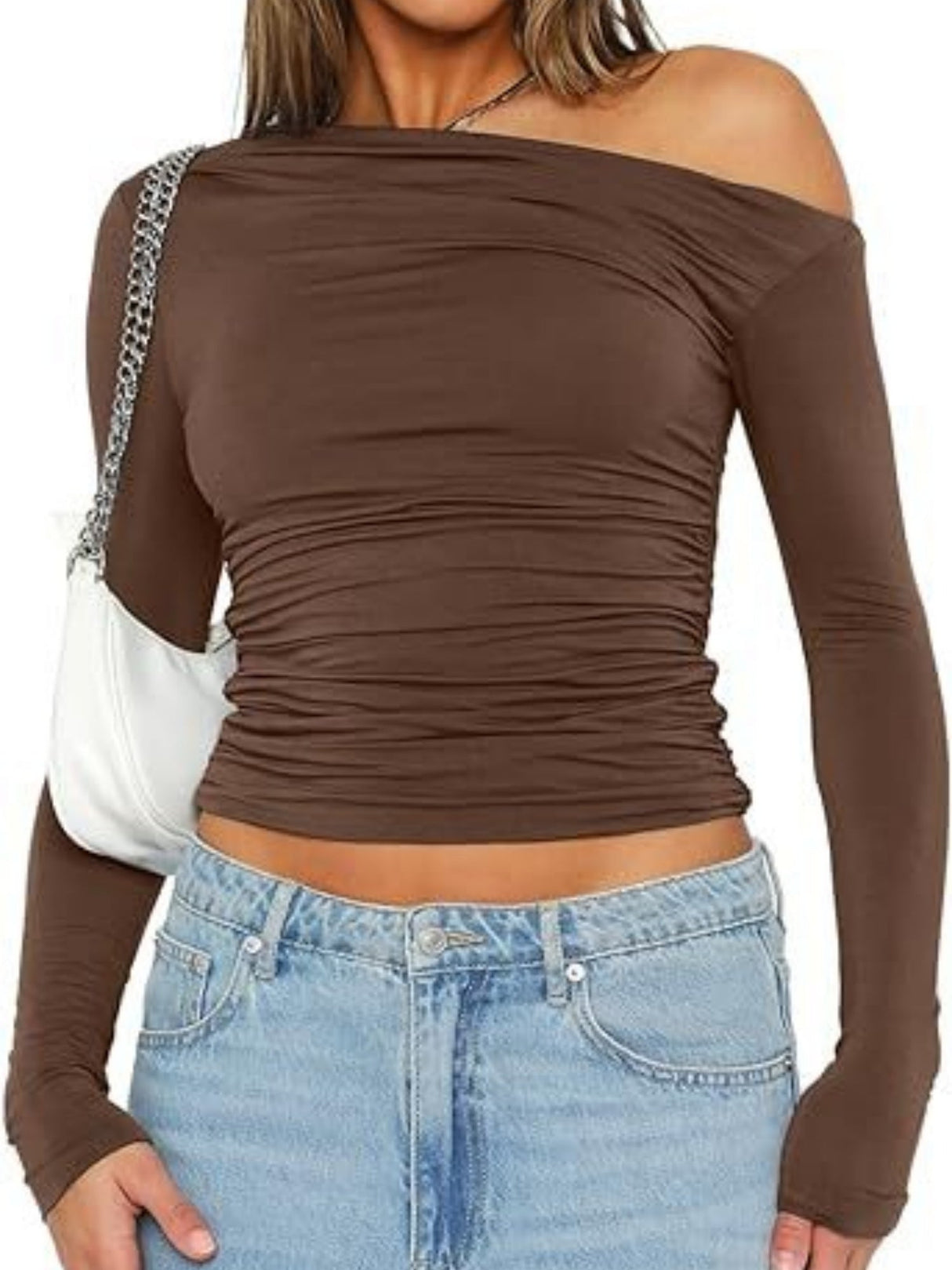 Y2K Asymmetrical Sloping Shoulders Crop Top Long Sleeves T-shirts