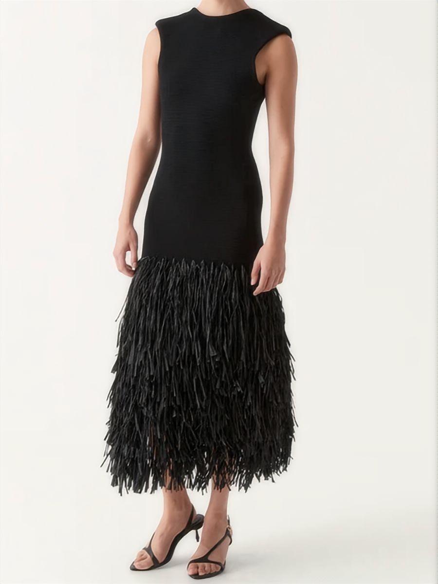 Robes maxi en tricot à pompons et patchwork de raphia uni