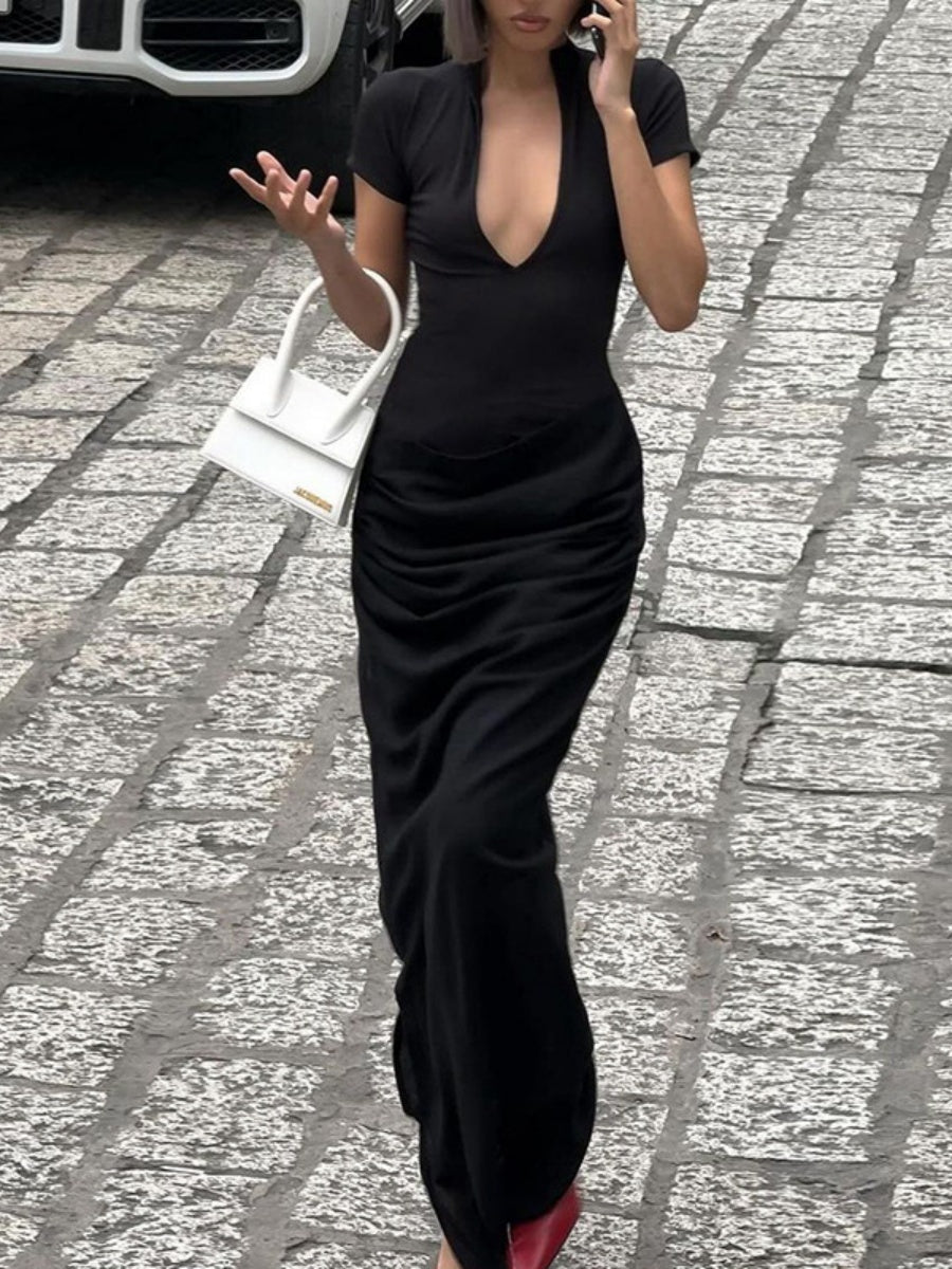 Sexy Deep V Short Sleeve Solid Color Pleated Maxi Dresses