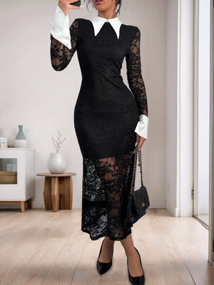 Lace Splicing Color-blocked Collar Slim-fit Hip-hugging Maxi Dresses