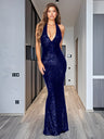Sleeveless Backless Sequin Halter Neck Mermaid Maxi Dress