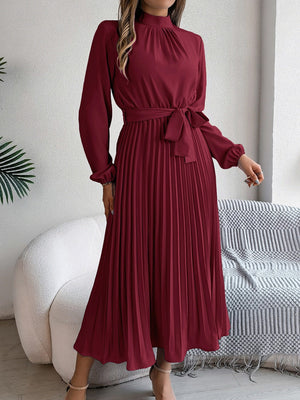 Stand Collar Long Sleeve Waist Pleats Midi Dresses