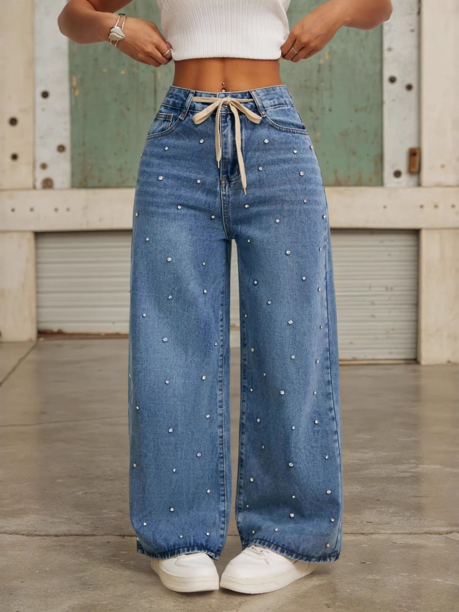 High-waisted, Loose-fitting, Slimming Straight-leg Beaded Jeans