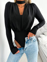 V-neck Slim Fit Pleated Decoration Base Layer Splicing Long-sleeved Bodysuit