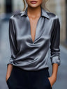 Satin Deep V-neck Long Sleeves Blouse