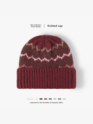 Gestreifte Jacquard-Mütze mit Umschlag, dick gestrickte Wintermütze, mit Thermofleece gefüttert, Einheitsgröße