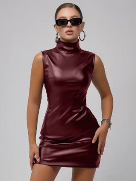 PU Leather Mock Neck Pleated Mini&Short Dresses