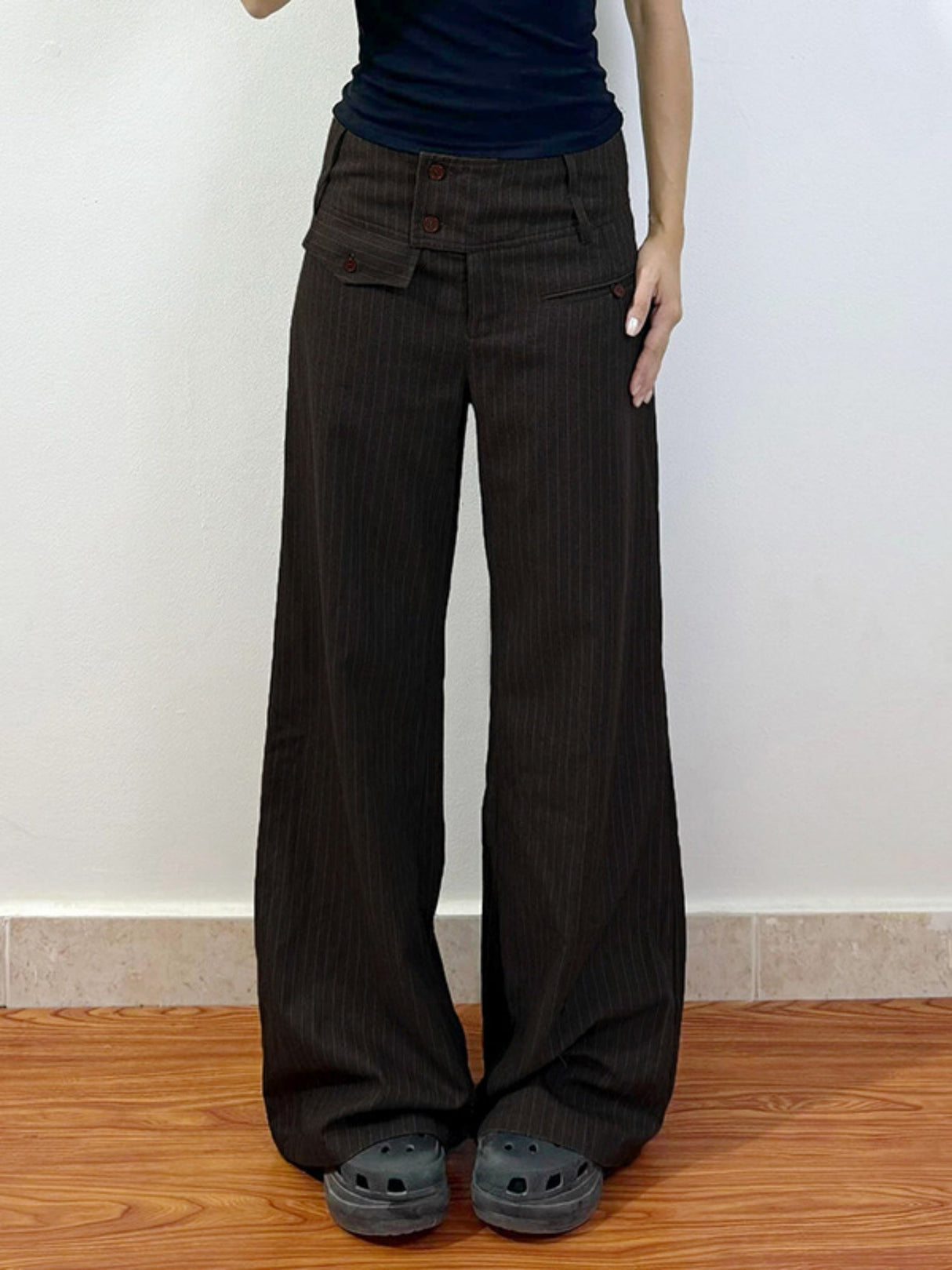 Stripes Contrasting Colors Buttons Straight-leg Pants Pants