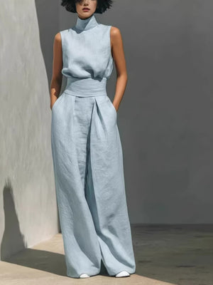 Turtleneck Simplicity Jacket High Waist Wide-leg Pants Set 2-piece Sets