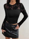 Pullover Lace Patchwork Crew Neck Long Sleeve Slim Fit T-shirts Jacket Elegant Mesh/sheer Top