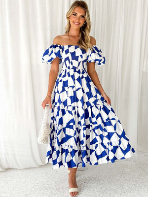 Off-the-shoulder Geometric Color-blocked Print Tulle Skirt With Puff Sleeves Long Dress