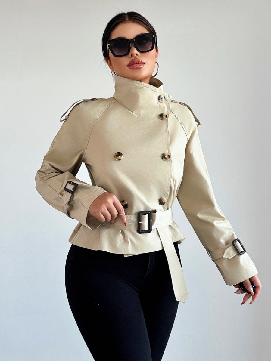 Belt Turtleneck Khaki Slim Fit Short Trench Coats