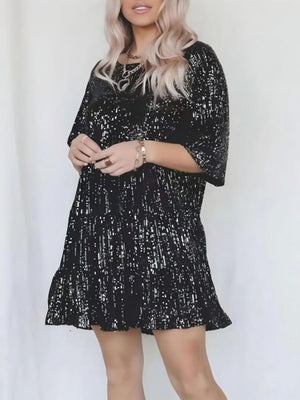 Sequins Crew Neck Loose Waist Short Sleeve Dress