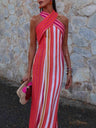Stripes Cross-neck Sleeveless Fit Maxi Dresses